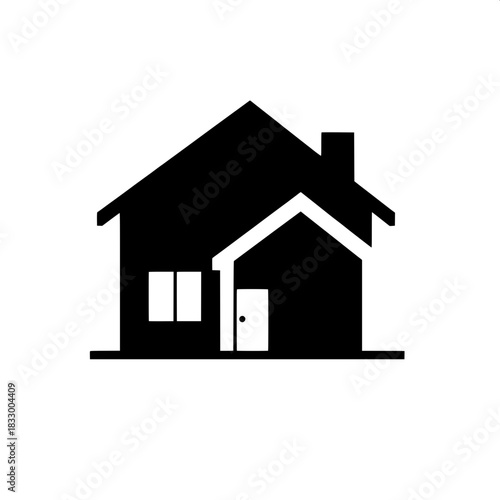 Simple modern house pictogram, entirely black with clean white accents that define the architectural elements, presented in a flat and highly stylized manner, with bold lines and minimalist details, s