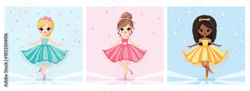 Set of pretty international different girls dancing in a beautiful dress on color background. Poster, Banner, Flyer, Greeting Card. Vector illustration in flat cartoon style