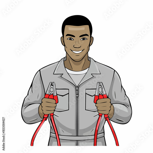 Smiling mechanic holding jumper cables in garage ready to jump start a car, showcasing automotive repair and service with a positive attitude.