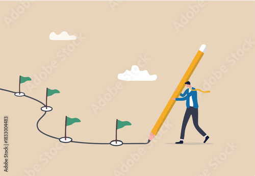 Workflow or working process, project progress, milestone or achievement tracking, work experience or journey concept, businessman using pencil to draw workflow line with achievement flag milestones