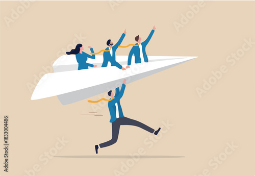 Mentor or support employee to success, manager to help or advice staff to reach goal, work coaching or adviser expert concept, businessman manager launching paper plane origami with team colleagues