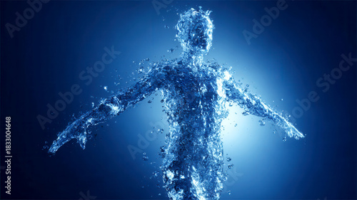 Transparent human body shape filled of water, blue shining background, copy space. Hydration concept. Water importance