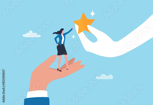 Empowerment or encouragement to help employee reach career success, woman leadership, support or help for work achievement, reward or job promotion concept, helping hand help businesswoman reach star