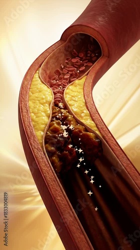 An illustrative cross-section reveals arterial plaque buildup, a visual representation of atherosclerosis with anatomical detail.