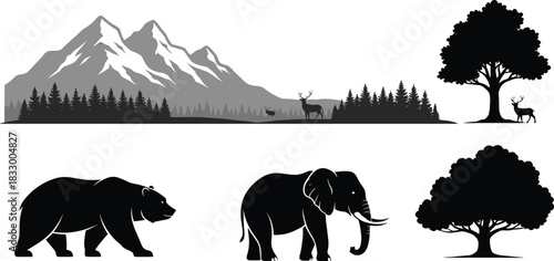 Silhouette illustration set of wildlife and nature scenes with deer, bear, elephant, trees, and mountains for editorial vector content