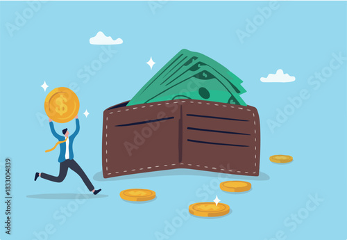 Salary, wages or income, making money profit, cash or economics, financial saving, investment or expense, spending, salary payroll, compensation concept, businessman hold money with wallet banknotes