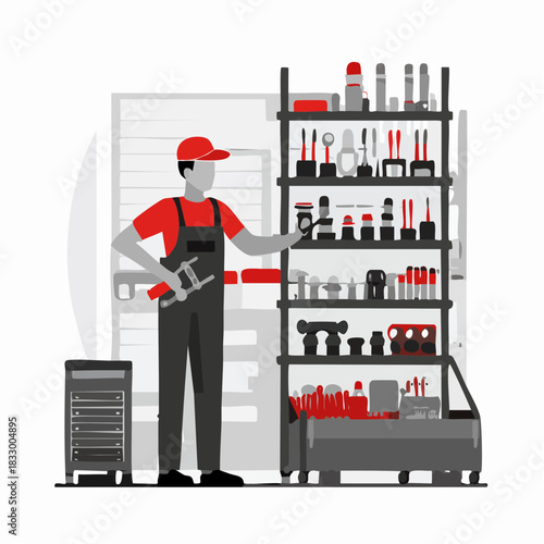 Mechanic in red shirt and overalls selecting tools from a wellstocked shelf in a garage, showcasing organization and expertise in a professional setting.