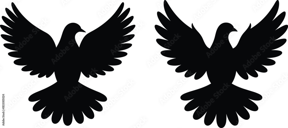 Obraz premium Flying Dove Silhouette Vector Logo Element. Peace Bird Symbol Black Icon with Open Wings.