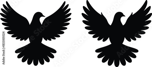 Flying Dove Silhouette Vector Logo Element. Peace Bird Symbol Black Icon with Open Wings.