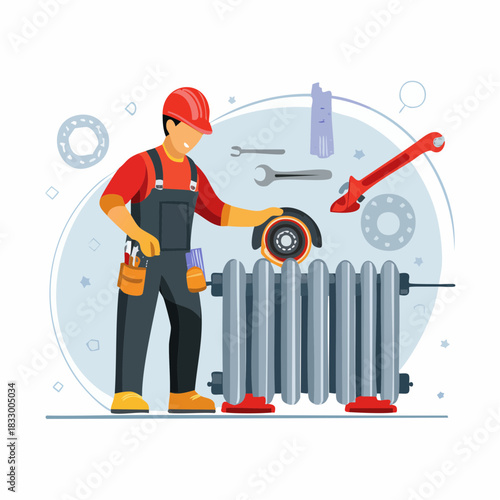 Repairman in red hardhat fixing radiator with grinder in workshop, showcasing skilled craftsmanship and attention to detail in a professional setting.