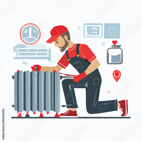 Plumber repairs radiator in home with wrench and tools, ensuring efficient heating and comfort during cold season.