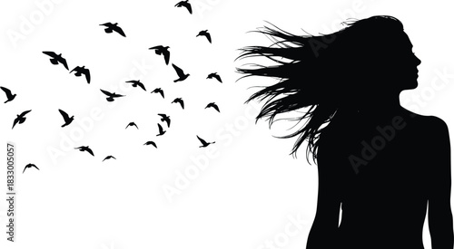 Silhouette of woman with flowing hair transforming into flying birds for symbolic, emotional, and poetic vector content