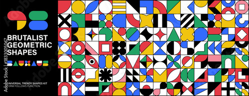 Mega Set of colorful abstract geometric shapes. Bauhaus brutalist minimal Y2K elements collection for modern graphic design, poster, and contemporary layout projects