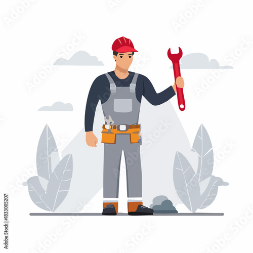 Confident handyman holding wrench standing ready for repair work at construction site with tool belt and hard hat, showcasing skilled labor and professionalism.