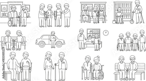 Silhouette scenes of elderly individuals with caregivers and medical professionals for healthcare, aging support, and editorial vector content
