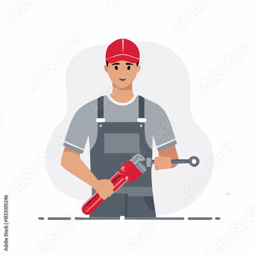 Smiling plumber holding pipe wrench stands confidently in front of a grey backdrop ready to fix plumbing issues with a professional demeanor.
