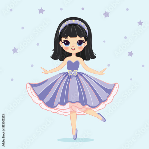 Cute and pretty girl is dancing in a beautiful violet dress on blue background. Poster, Banner, Flyer, Greeting Card. Vector illustration in flat cartoon style
