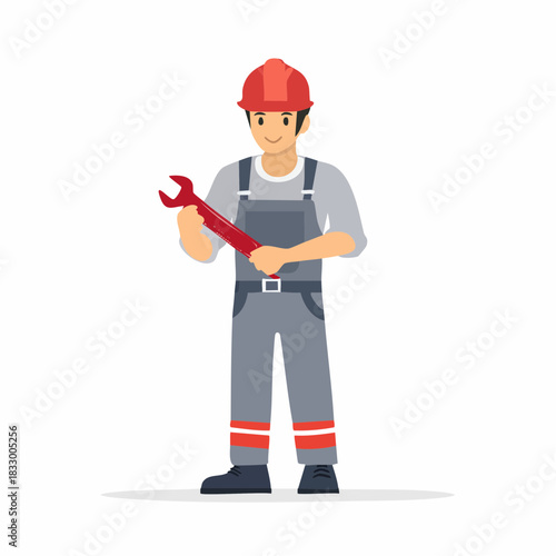 Smiling construction worker holding a wrench in a bright studio, ready to fix equipment with a positive and confident attitude.