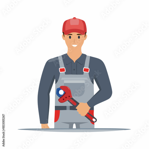 Smiling mechanic holding wrench in workshop ready to fix car with professionalism and expertise, conveying a sense of reliability and trust.