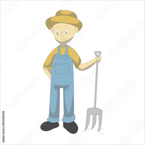 Farmer standing confidently with a pitchfork tool. Concept of farm labor