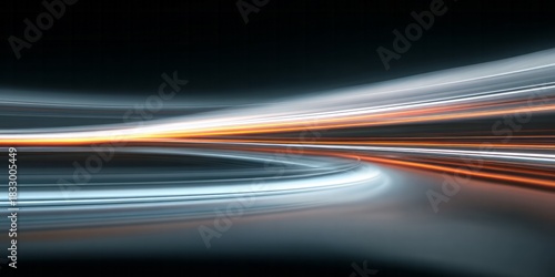 Dynamic luminous trails curve rapidly across a dark, abstract background suggesting intense motion.