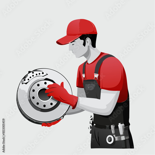 Mechanic holding a car brake rotor in a garage, inspecting it for wear and tear, highlighting the importance of vehicle maintenance and safety.