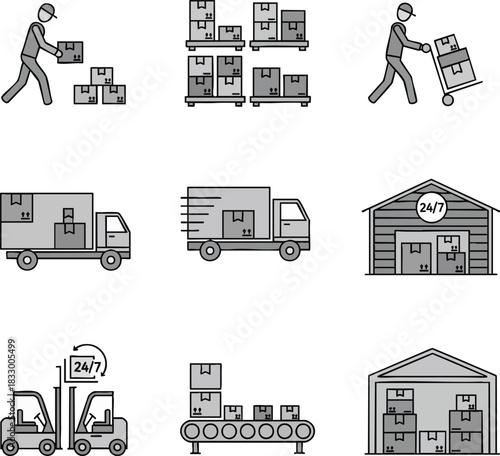 Set of flat icons illustrating logistics and delivery services, including packing, shipping, warehousing, and 24/7 operation