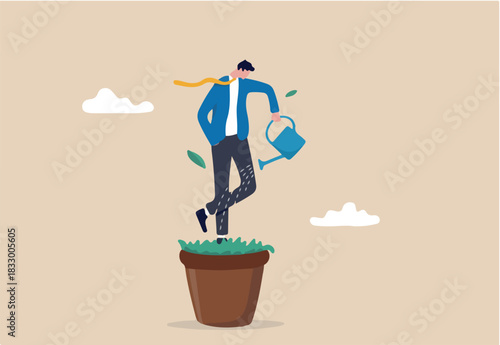 Personal development, self improvement or career growth, coaching or training to success, motivation to growing, develop skill or attitude concept, confidence businessman watering self on plant pot