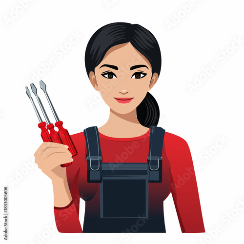 Smiling woman in overalls holding screwdrivers in her hand, ready to fix something, showcasing her skills and confidence in a modern, empowering scene.