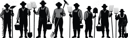 Silhouette vector set of farmers standing in a row holding tools like pitchforks and shovels, wearing hats for agriculture and farming design projects.