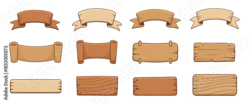 Wooden banners and signboard frames with rustic wood texture, retro game assets, perfect for advertising, marketing and design