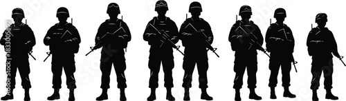 Silhouette vector set of military soldiers standing in a row holding rifles, isolated on white background for war and army design projects.