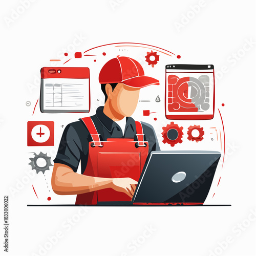 Technician in red uniform using laptop to diagnose system issues with floating gears and calendar in a modern, techfocused environment, conveying efficiency and problemsolving.