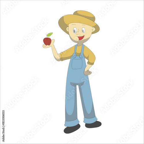 Happy farmer holding a fresh red apple from the harvest. Concept of healthy food