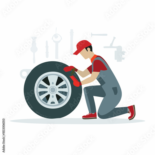 Mechanic in overalls cleaning car tire in auto repair shop with tools displayed, showcasing expertise and dedication to vehicle maintenance.