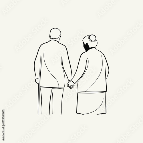 Elegant line art illustration of an elderly couple holding hands. The minimalist design conveys love, companionship, and enduring relationships