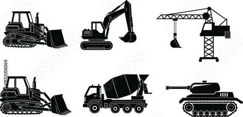 Silhouette, illustration, set, of, construction, and, military, vehicles, including, bulldozer, excavator, crane, cement, mixer, tank, vector, content, industrial, machinery, transport, artwork