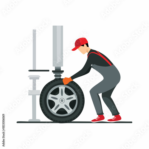 Mechanic installing car tire in auto repair shop with hydraulic lift, ensuring vehicle maintenance and safety during routine service.