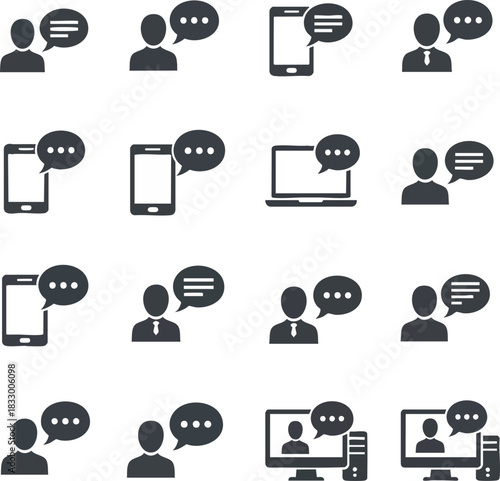 A set of dark communication icons representing messages, dialogue, and chat across various digital devices like smartphones, laptops, and desktops