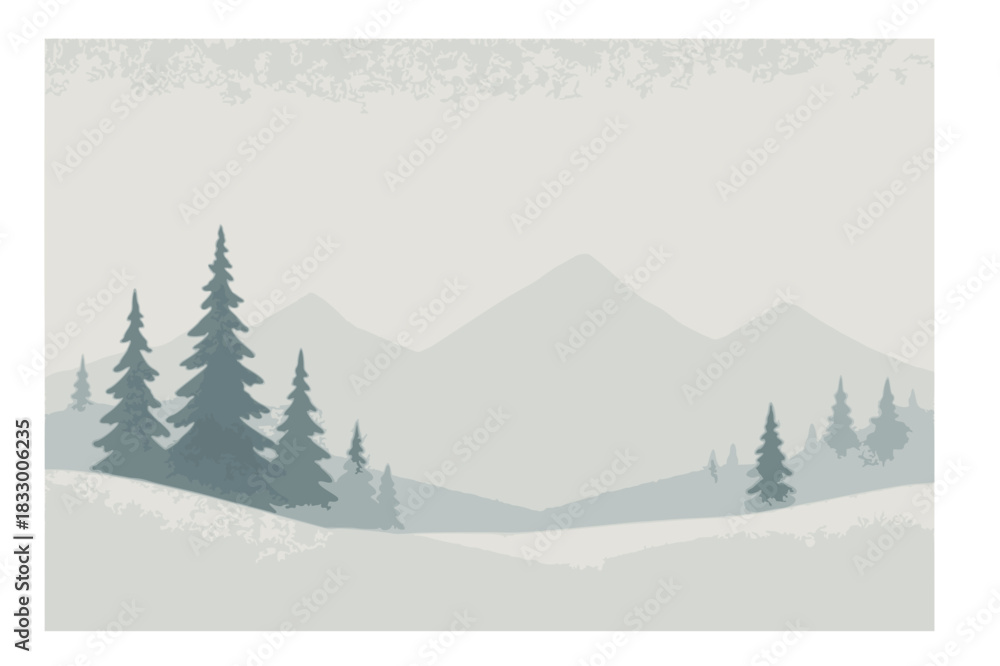 Fototapeta premium Vector illustration of a winter landscape, beauty of a snowy winter scene with a minimalist style with snow-covered mountains and evergreen trees