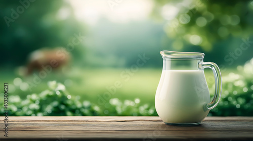 Fresh milk in a clear glass jug sits on a rustic wooden table with a blurred green meadow and a grazing cow in the background