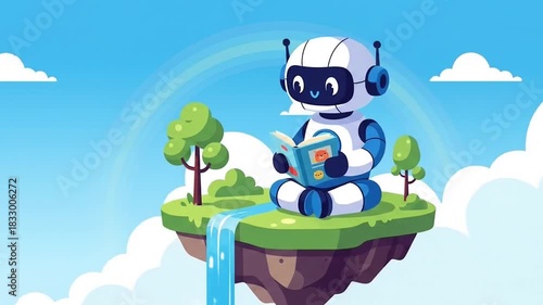 Cartoon Robot Reading a Book on a Floating Island with Waterfall Animation Video