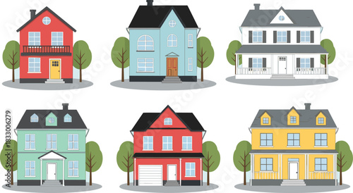 Six house styles illustration, residential architecture variety, colorful homes with trees, porches and balconies, vector design, real estate concept