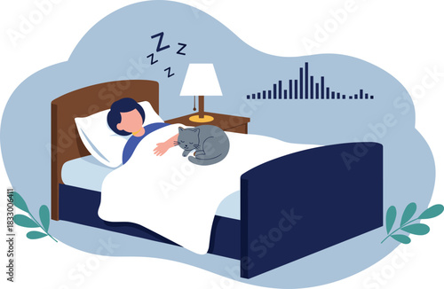 Sleeping person with cat, cozy bedroom, white blanket, nightstand, lamp, ambient sound wave, peaceful rest, pet comfort, sleep concept, vector illustration