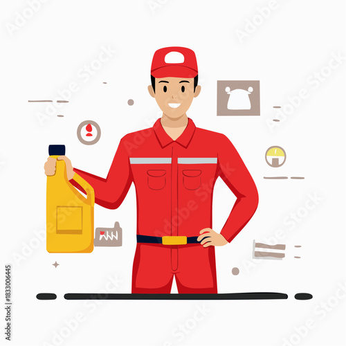 Smiling mechanic in red uniform holding oil bottle in auto repair shop, representing service and maintenance with a positive and professional attitude.