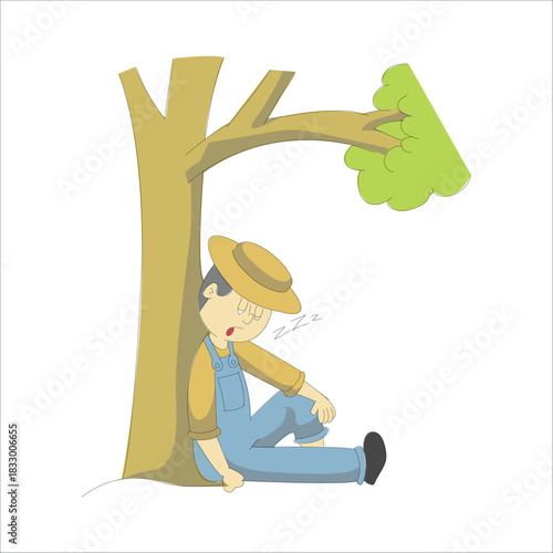 Lazy or tired farmer sleeping and taking a nap under a green tree