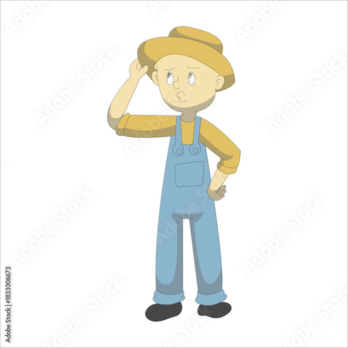 Confused farmer scratching his head, unsure about a farming problem