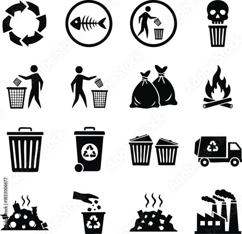 Garbage and waste icons. Black and white vector symbols depicting various aspects of pollution, recycling, and environmental concerns