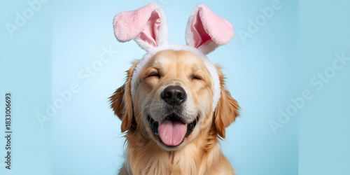 Happy golden retriever dog wearing pink easter bunny ears