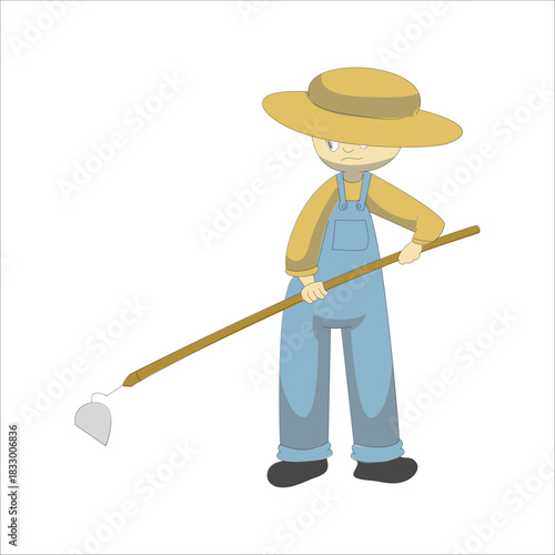 Farmer holding a hoe or rake tool, preparing to cultivate the soil